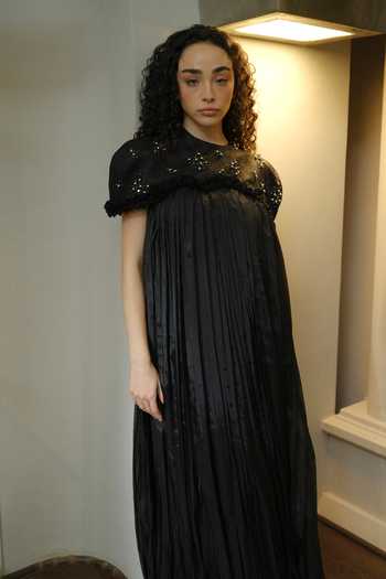 Therealb_Black Organza, Jacquard Round Neck Hand Embellished Dress _Online_at_Aza_Fashions