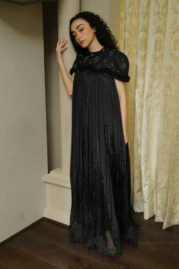 Buy_Therealb_Black Organza, Jacquard Round Neck Hand Embellished Dress 