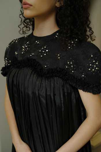 Shop_Therealb_Black Organza, Jacquard Round Neck Hand Embellished Dress 