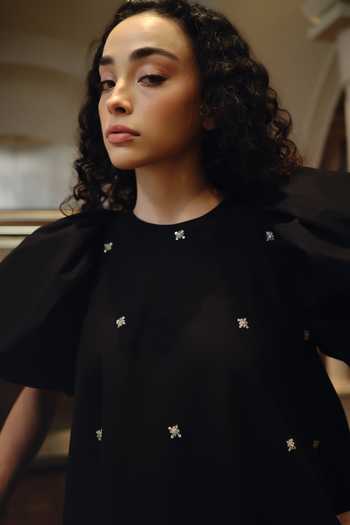 Therealb_Black Cotton Round Neck Embellished Dress _Online_at_Aza_Fashions
