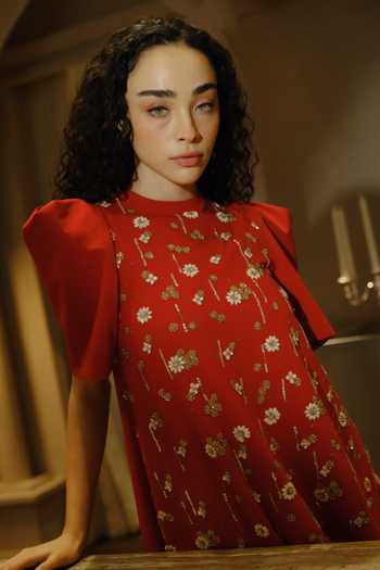Therealb_Red Polyester Round Neck Hand Embellished Maxi Dress _Online_at_Aza_Fashions