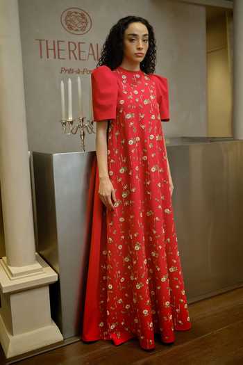 Therealb_Red Polyester Round Neck Hand Embellished Maxi Dress _at_Aza_Fashions