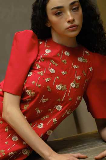 Buy_Therealb_Red Polyester Round Neck Hand Embellished Maxi Dress 