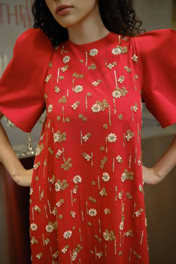 Shop_Therealb_Red Polyester Round Neck Hand Embellished Maxi Dress 