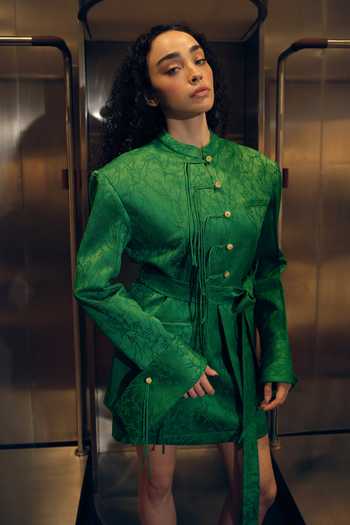 Shop_Therealb_Emerald Green Jacquard Mandarin Collar Woven Jacket And Skirt Set _Online_at_Aza_Fashions