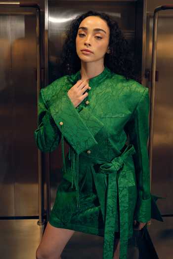 Therealb_Emerald Green Jacquard Mandarin Collar Woven Jacket And Skirt Set _at_Aza_Fashions