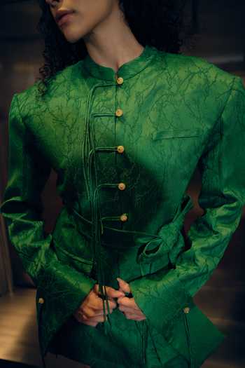 Shop_Therealb_Emerald Green Jacquard Mandarin Collar Woven Jacket And Skirt Set 