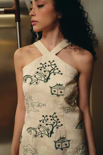 Therealb_Ivory Jacquard Halter Neck Hand Embellished Dress _at_Aza_Fashions