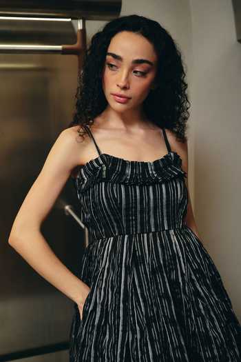 Shop Therealb Black Viscose Striped Pattern Gathered Dress Online at Aza Fashions Shop_Therealb_Black Viscose Striped Pattern Gathered Dress _Online_at_Aza_Fashions