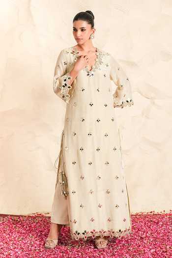 Buy_Nidhika Shekhar_Ivory Shantoon, Georgette V-neck Mehr Embroidered Kurta And Pant Set _Online_at_Aza_Fashions