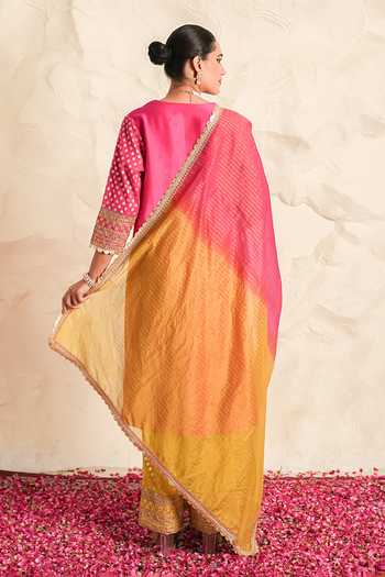 Shop Nidhika Shekhar Pink Chanderi V-neck, Yes Kesar Gul Embroidered Kurta Set at Aza Fashions Shop_Nidhika Shekhar_Pink Chanderi V-neck, Yes Kesar Gul Embroidered Kurta Set _at_Aza_Fashions