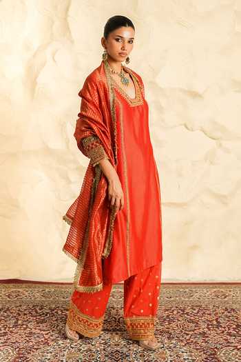 Shop Nidhika Shekhar Orange Chanderi V-neck Rangrez Placement Embroidered Kurta Set Online at Aza Fashions Shop_Nidhika Shekhar_Orange Chanderi V-neck Rangrez Placement Embroidered Kurta Set _Online_at_Aza_Fashions