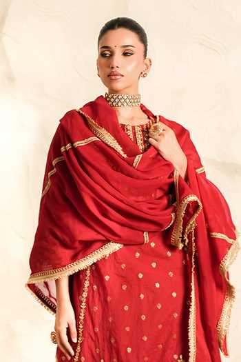 Nidhika Shekhar Red Organza, Chanderi, Shantoon Round Surkj Lal Embroidered Kurta Sharara Set Online at Aza Fashions Nidhika Shekhar_Red Organza, Chanderi, Shantoon Round Surkj Lal Embroidered Kurta Sharara Set _Online_at_Aza_Fashions