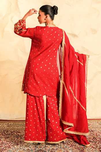 Shop Nidhika Shekhar Red Organza, Chanderi, Shantoon Round Surkj Lal Embroidered Kurta Sharara Set at Aza Fashions Shop_Nidhika Shekhar_Red Organza, Chanderi, Shantoon Round Surkj Lal Embroidered Kurta Sharara Set _at_Aza_Fashions
