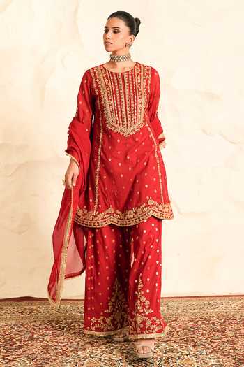 Shop Nidhika Shekhar Red Organza, Chanderi, Shantoon Round Surkj Lal Embroidered Kurta Sharara Set Online at Aza Fashions Shop_Nidhika Shekhar_Red Organza, Chanderi, Shantoon Round Surkj Lal Embroidered Kurta Sharara Set _Online_at_Aza_Fashions