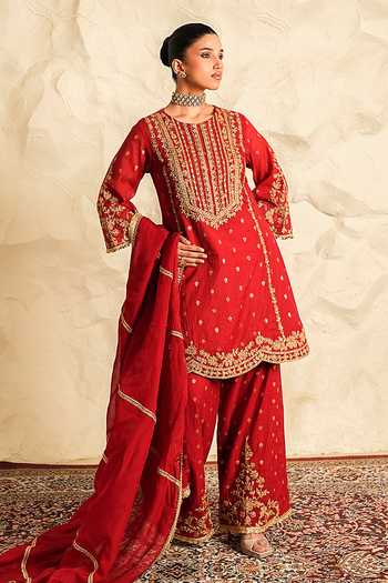 Buy Nidhika Shekhar Red Organza, Chanderi, Shantoon Round Surkj Lal Embroidered Kurta Sharara Set at Aza Fashions Buy_Nidhika Shekhar_Red Organza, Chanderi, Shantoon Round Surkj Lal Embroidered Kurta Sharara Set _at_Aza_Fashions