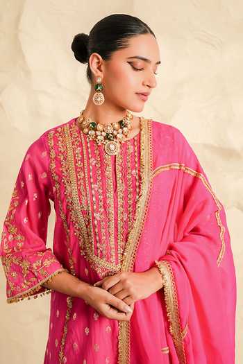 Nidhika Shekhar_Pink Chanderi, Organza Round Neck Kesar Embroidered Kurta Sharara Set _Online_at_Aza_Fashions