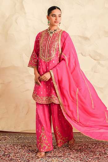 Nidhika Shekhar_Pink Chanderi, Organza Round Neck Kesar Embroidered Kurta Sharara Set _at_Aza_Fashions