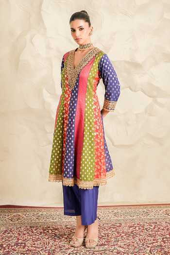 Nidhika Shekhar_Multi Color Organza, Chanderi, Shantoon V-neck Noor Mahal Colorblock Kurta Set _Online_at_Aza_Fashions
