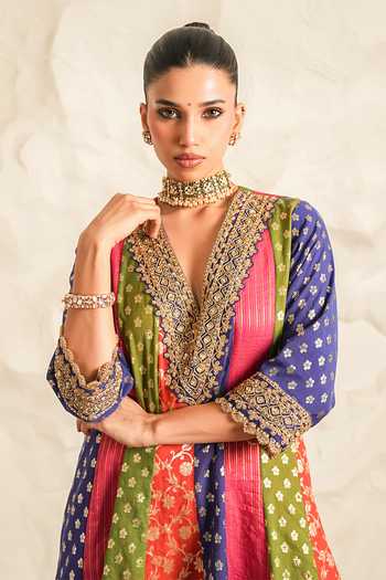 Nidhika Shekhar_Multi Color Organza, Chanderi, Shantoon V-neck Noor Mahal Colorblock Kurta Set _at_Aza_Fashions