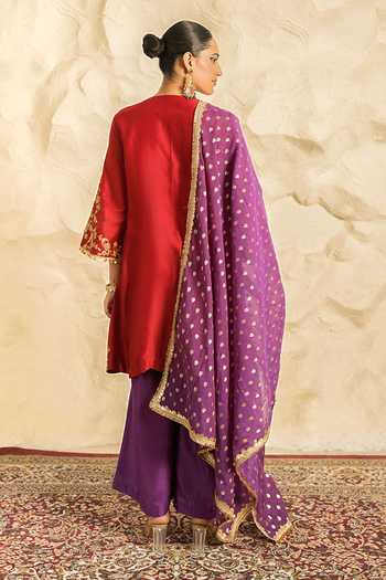 Nidhika Shekhar Red Chanderi Round Neck Anar Gul Embroidered Kurta Sharara Set Online at Aza Fashions Nidhika Shekhar_Red Chanderi Round Neck Anar Gul Embroidered Kurta Sharara Set _Online_at_Aza_Fashions