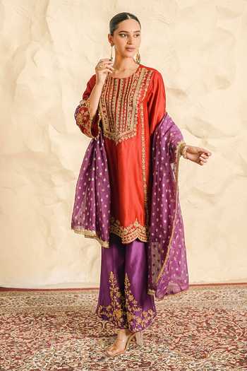 Buy Nidhika Shekhar Red Chanderi Round Neck Anar Gul Embroidered Kurta Sharara Set Online at Aza Fashions Buy_Nidhika Shekhar_Red Chanderi Round Neck Anar Gul Embroidered Kurta Sharara Set _Online_at_Aza_Fashions