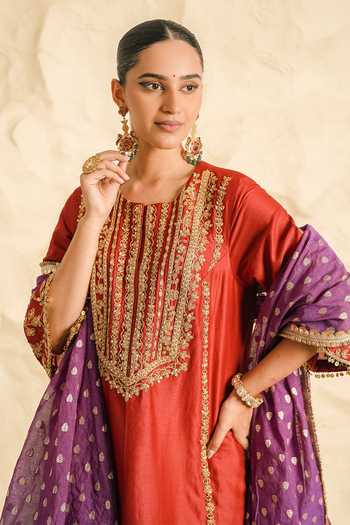 Shop Nidhika Shekhar Red Chanderi Round Neck Anar Gul Embroidered Kurta Sharara Set Online at Aza Fashions Shop_Nidhika Shekhar_Red Chanderi Round Neck Anar Gul Embroidered Kurta Sharara Set _Online_at_Aza_Fashions