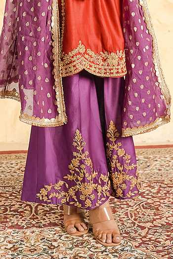 Nidhika Shekhar Red Chanderi Round Neck Anar Gul Embroidered Kurta Sharara Set at Aza Fashions Nidhika Shekhar_Red Chanderi Round Neck Anar Gul Embroidered Kurta Sharara Set _at_Aza_Fashions