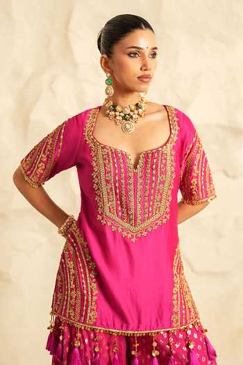 Nidhika Shekhar Pink Organza, Chanderi Square Neck Gulbahaar Embroidered Kurta Gharara Set Online at Aza Fashions Nidhika Shekhar_Pink Organza, Chanderi Square Neck Gulbahaar Embroidered Kurta Gharara Set _Online_at_Aza_Fashions