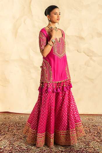 Buy Nidhika Shekhar Pink Organza, Chanderi Square Neck Gulbahaar Embroidered Kurta Gharara Set Online at Aza Fashions Buy_Nidhika Shekhar_Pink Organza, Chanderi Square Neck Gulbahaar Embroidered Kurta Gharara Set _Online_at_Aza_Fashions