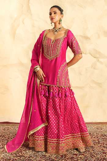 Shop Nidhika Shekhar Pink Organza, Chanderi Square Neck Gulbahaar Embroidered Kurta Gharara Set Online at Aza Fashions Shop_Nidhika Shekhar_Pink Organza, Chanderi Square Neck Gulbahaar Embroidered Kurta Gharara Set _Online_at_Aza_Fashions