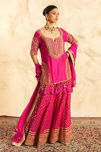 Buy Nidhika Shekhar Pink Organza, Chanderi Square Neck Gulbahaar Embroidered Kurta Gharara Set Buy_Nidhika Shekhar_Pink Organza, Chanderi Square Neck Gulbahaar Embroidered Kurta Gharara Set