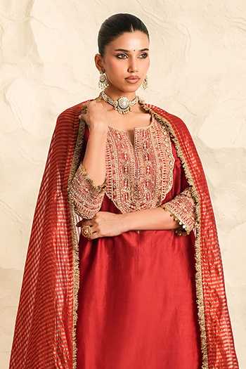 Buy Nidhika Shekhar Maroon Chanderi Split V-neck, Yes Ruh Gul Embroidered Kurta Set Online at Aza Fashions Buy_Nidhika Shekhar_Maroon Chanderi Split V-neck, Yes Ruh Gul Embroidered Kurta Set _Online_at_Aza_Fashions