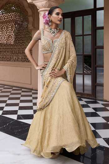Nidhika Shekhar Gold Georgette, Tissue Suvarna Meher Embroidered Lehenga Saree With Blouse Online at Aza Fashions Nidhika Shekhar_Gold Georgette, Tissue Suvarna Meher Embroidered Lehenga Saree With Blouse _Online_at_Aza_Fashions