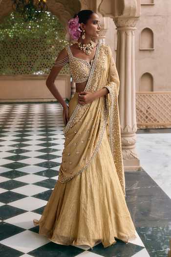 Buy Nidhika Shekhar Gold Georgette, Tissue Suvarna Meher Embroidered Lehenga Saree With Blouse Online at Aza Fashions Buy_Nidhika Shekhar_Gold Georgette, Tissue Suvarna Meher Embroidered Lehenga Saree With Blouse _Online_at_Aza_Fashions