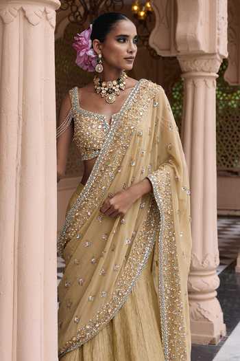 Shop Nidhika Shekhar Gold Georgette, Tissue Suvarna Meher Embroidered Lehenga Saree With Blouse Online at Aza Fashions Shop_Nidhika Shekhar_Gold Georgette, Tissue Suvarna Meher Embroidered Lehenga Saree With Blouse _Online_at_Aza_Fashions