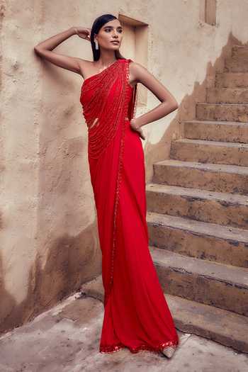 Buy Nidhika Shekhar Red Georgette, Shantoon One Padmaraga Pre-draped Saree With Embroidered Blouse Online at Aza Fashions Buy_Nidhika Shekhar_Red Georgette, Shantoon One Padmaraga Pre-draped Saree With Embroidered Blouse _Online_at_Aza_Fashions