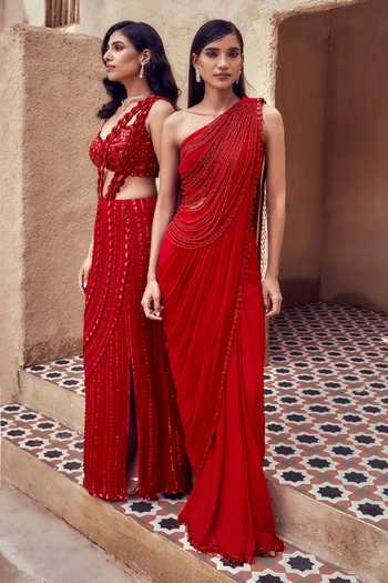 Shop Nidhika Shekhar Red Georgette, Shantoon One Padmaraga Pre-draped Saree With Embroidered Blouse Online at Aza Fashions Shop_Nidhika Shekhar_Red Georgette, Shantoon One Padmaraga Pre-draped Saree With Embroidered Blouse _Online_at_Aza_Fashions