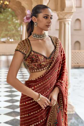 Nidhika Shekhar Maroon Crepe, Shantoon Kanak Padma Embroidered Lehenga Saree With Blouse Online at Aza Fashions Nidhika Shekhar_Maroon Crepe, Shantoon Kanak Padma Embroidered Lehenga Saree With Blouse _Online_at_Aza_Fashions