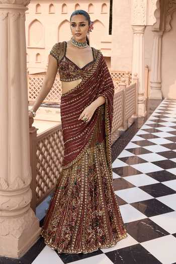 Buy Nidhika Shekhar Maroon Crepe, Shantoon Kanak Padma Embroidered Lehenga Saree With Blouse Online at Aza Fashions Buy_Nidhika Shekhar_Maroon Crepe, Shantoon Kanak Padma Embroidered Lehenga Saree With Blouse _Online_at_Aza_Fashions