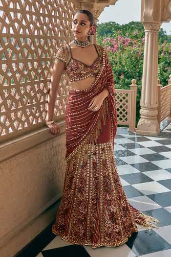 Shop Nidhika Shekhar Maroon Crepe, Shantoon Kanak Padma Embroidered Lehenga Saree With Blouse Online at Aza Fashions Shop_Nidhika Shekhar_Maroon Crepe, Shantoon Kanak Padma Embroidered Lehenga Saree With Blouse _Online_at_Aza_Fashions