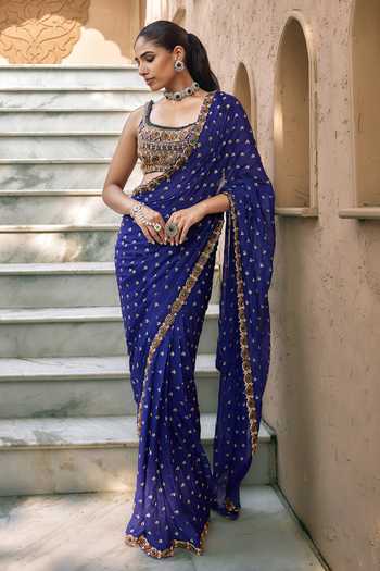 Nidhika Shekhar Blue Chiffon, Shantoon Square Neck Indraneel Padma Embroidered Saree With Blouse Online at Aza Fashions Nidhika Shekhar_Blue Chiffon, Shantoon Square Neck Indraneel Padma Embroidered Saree With Blouse _Online_at_Aza_Fashions