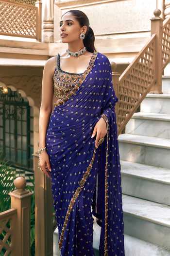 Buy_Nidhika Shekhar_Blue Chiffon, Shantoon Square Neck Indraneel Padma Embroidered Saree With Blouse _Online_at_Aza_Fashions