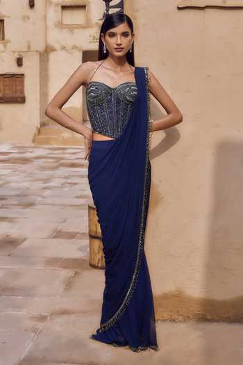 NIDHIKA SHEKHAR Ratnaneel Draped Saree With Embroidered Corset 