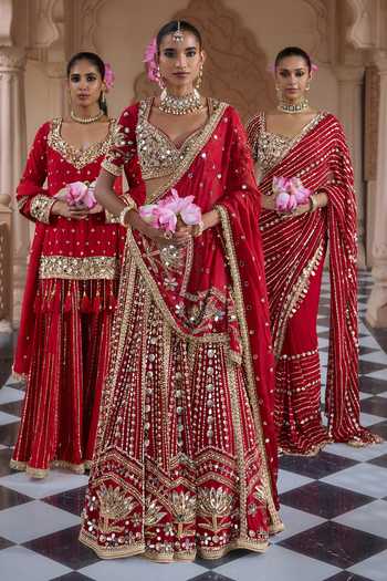 Buy Nidhika Shekhar Red Crepe, Shantoon Sweetheart Neck Padmashree Embroidered Lehenga Set Online at Aza Fashions Buy_Nidhika Shekhar_Red Crepe, Shantoon Sweetheart Neck Padmashree Embroidered Lehenga Set _Online_at_Aza_Fashions