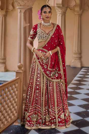 Shop Nidhika Shekhar Red Crepe, Shantoon Sweetheart Neck Padmashree Embroidered Lehenga Set Online at Aza Fashions Shop_Nidhika Shekhar_Red Crepe, Shantoon Sweetheart Neck Padmashree Embroidered Lehenga Set _Online_at_Aza_Fashions