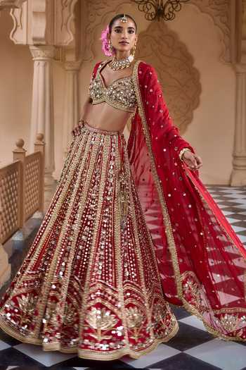 Nidhika Shekhar Red Crepe, Shantoon Sweetheart Neck Padmashree Embroidered Lehenga Set at Aza Fashions Nidhika Shekhar_Red Crepe, Shantoon Sweetheart Neck Padmashree Embroidered Lehenga Set _at_Aza_Fashions