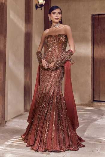Nidhika Shekhar Brown Crepe, Shantoon Sequins, Beads Kansya Noor Embroidered Corset Lehenga Set Online at Aza Fashions Nidhika Shekhar_Brown Crepe, Shantoon Sequins, Beads Kansya Noor Embroidered Corset Lehenga Set _Online_at_Aza_Fashions