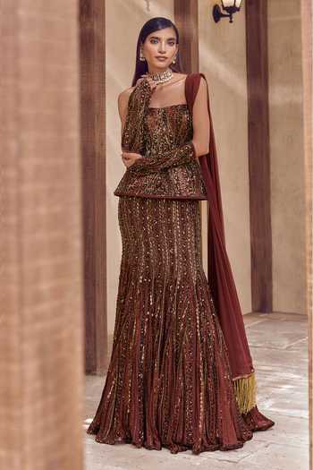 Buy Nidhika Shekhar Brown Crepe, Shantoon Sequins, Beads Kansya Noor Embroidered Corset Lehenga Set Online at Aza Fashions Buy_Nidhika Shekhar_Brown Crepe, Shantoon Sequins, Beads Kansya Noor Embroidered Corset Lehenga Set _Online_at_Aza_Fashions