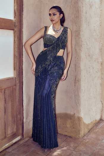 Buy Nidhika Shekhar Blue Crepe Sweetheart Nishaneel Embroidered Draped Lehenga Saree With Blouse Online at Aza Fashions Buy_Nidhika Shekhar_Blue Crepe Sweetheart Nishaneel Embroidered Draped Lehenga Saree With Blouse _Online_at_Aza_Fashions